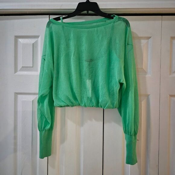 Express Women's Green Sheer Boat Neck Dolman Sleeve Cropped Sweater Size Medium - Picture 3 of 12
